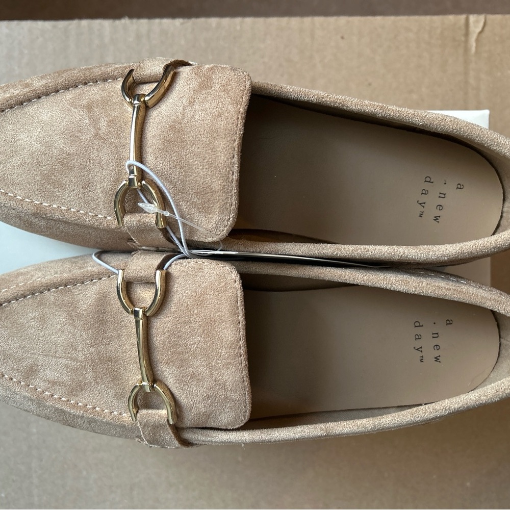 a new day Suede Loafers in Beige with Gold Hardware